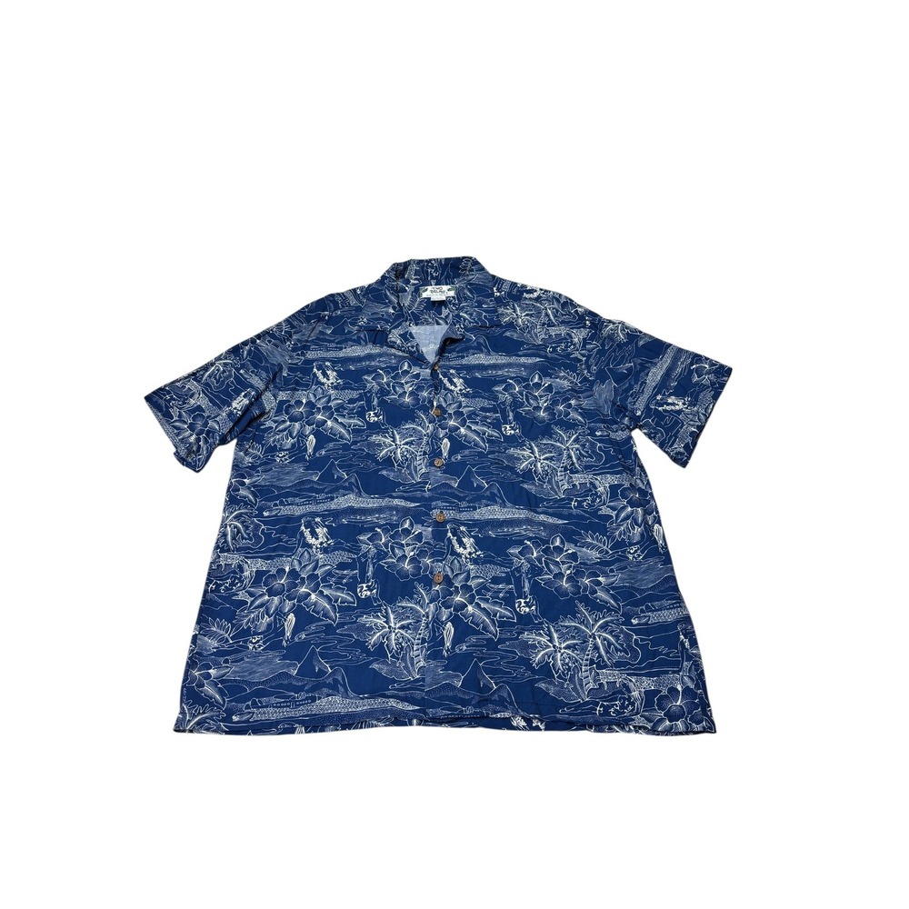 Vtg Two‎ Palms Mens XL Hawaiian Shirt Blue White Rayon Made Hawaii Hula Print